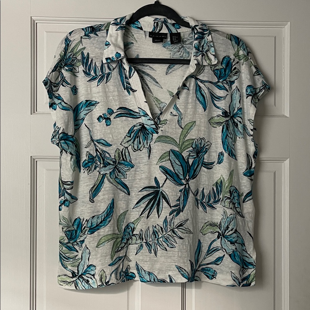Tahari Blue and Green Leaf Print 100% Linen Shirt